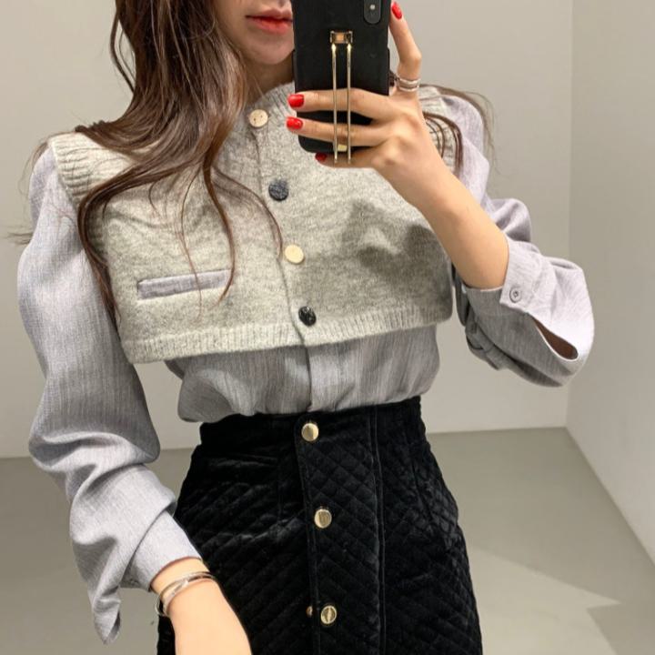 【セット】長袖シャツ＋ショート丈 ニットベスト レトロ 韓国 オルチャン a523