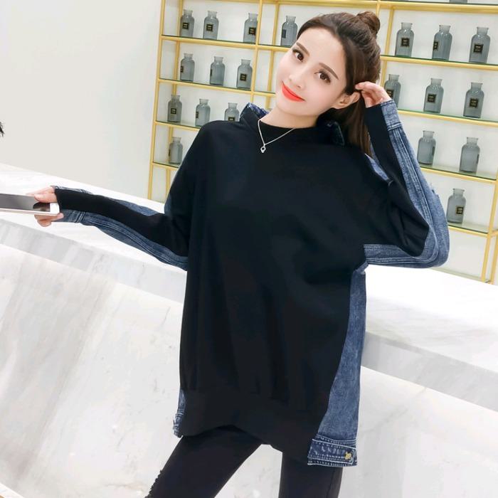 Rakuten - 韓国ファッション コットン デニム ハーフTシャツ ロンT オーバーサイズA683