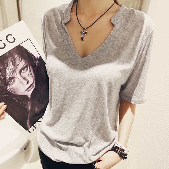 Rakuten - Vネック半袖Tシャツ カットソー トップス レディース 深め Vネック Tシャツ オーバーサイズ A642