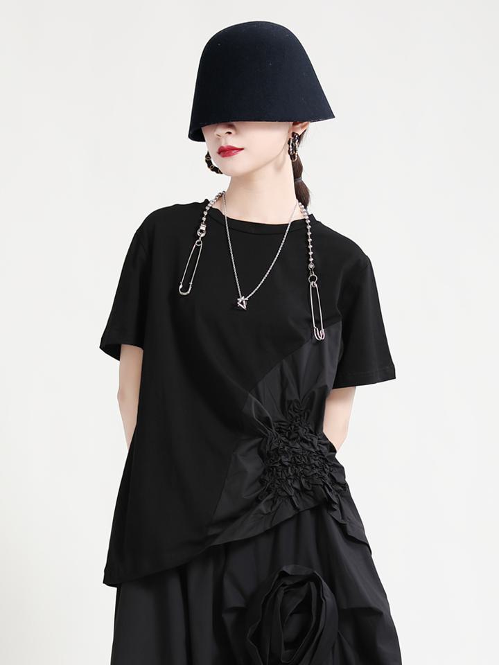Rakuten - 半袖Tシャツ レディース. Tシャツ ブラウス カットソー 不規則な立体カット トップス 3カラー A653
