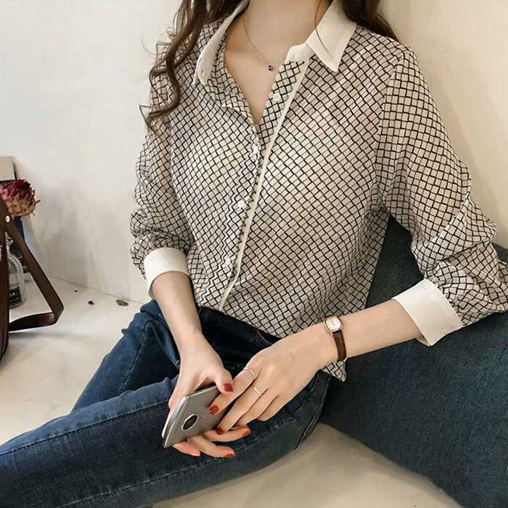 Rakuten - 秋 ファッション 女性 ストライプ トップス シフォン ブラウス シャツ 長袖 A631