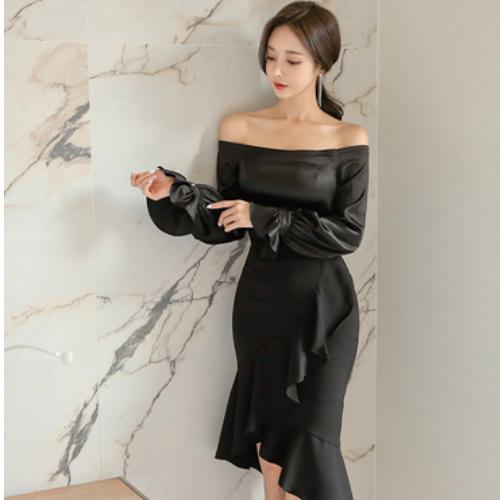 オフショルダー ワンピース シンプル ハイウエスト ひざ丈 ☆A1110