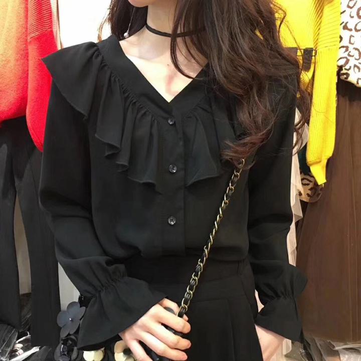 Vネック フリルブラウス シフォンシャツ 長袖 3カラー a882
