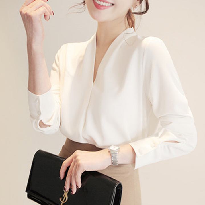 Rakuten - Vネック シフォン 長袖 シャツブラウス A939