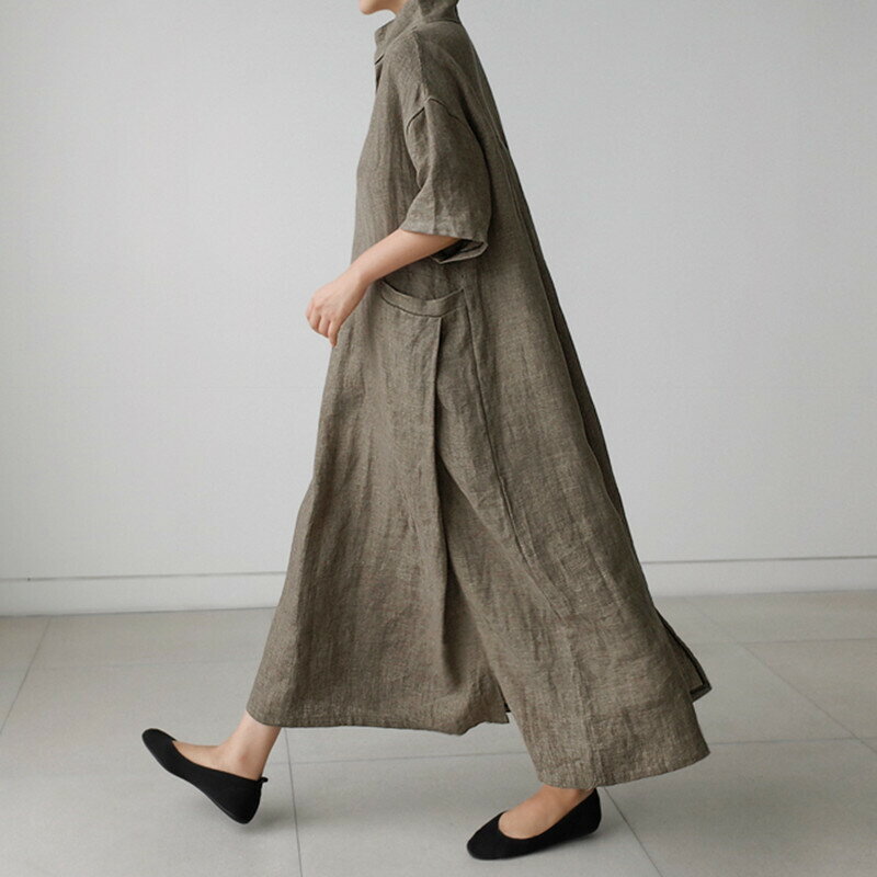 ロングシャツワンピース ワンピース シャツワンピース ロング ロング丈 袖あり 半袖 襟付き フレア Aライン 綿 麻 リネン レディース 大人上品 4カラー a4636