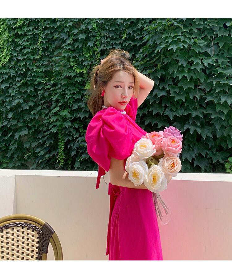 バックリボンワンピース レディース ミモレ丈 ドレス ワンピース 袖あり 半袖 パフスリーブ ハイネック ギャザー オープンバック バックリボン リボン バックシャン ビビッドカラー ローズレッド ピンク かわいい お呼ばれコーデ パーティー a4735