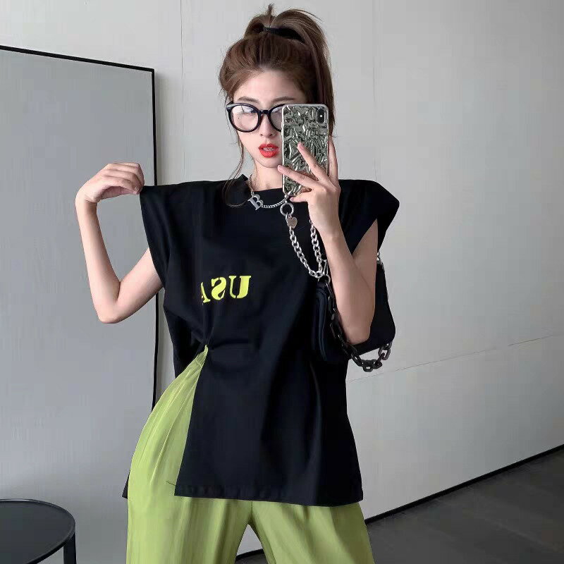 【セットアップ】ハーフスリーブTシャツ+ワイドパンツ スリットTシャツ ツーピース スーツ レディース ファッション set up トップス カットソー Tシャツ ボトムス ワイドパンツ ストレートパンツ D559