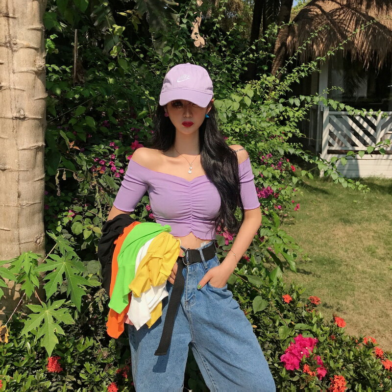 クロップドTシャツ へそ出しTシャツ 半袖Tシャツ クロップド Tシャツ トップス カットソー レディース オフショルダー ワンショルダーショート 春 夏 秋 オルチャン セクシー オシャレ D542