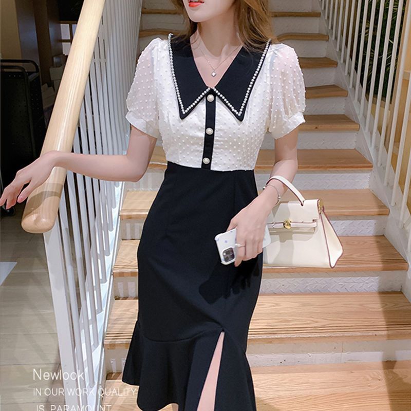 【M-4XL】ブラウスドッキングワンピース 異素材ミックス パールボタン ブラウス シャツワンピース 半袖ワンピース フィッシュテールスカート スリットワンピース. マーメイド レディース 可愛い お出掛け デート お仕事コーデ ママコーデ a4851