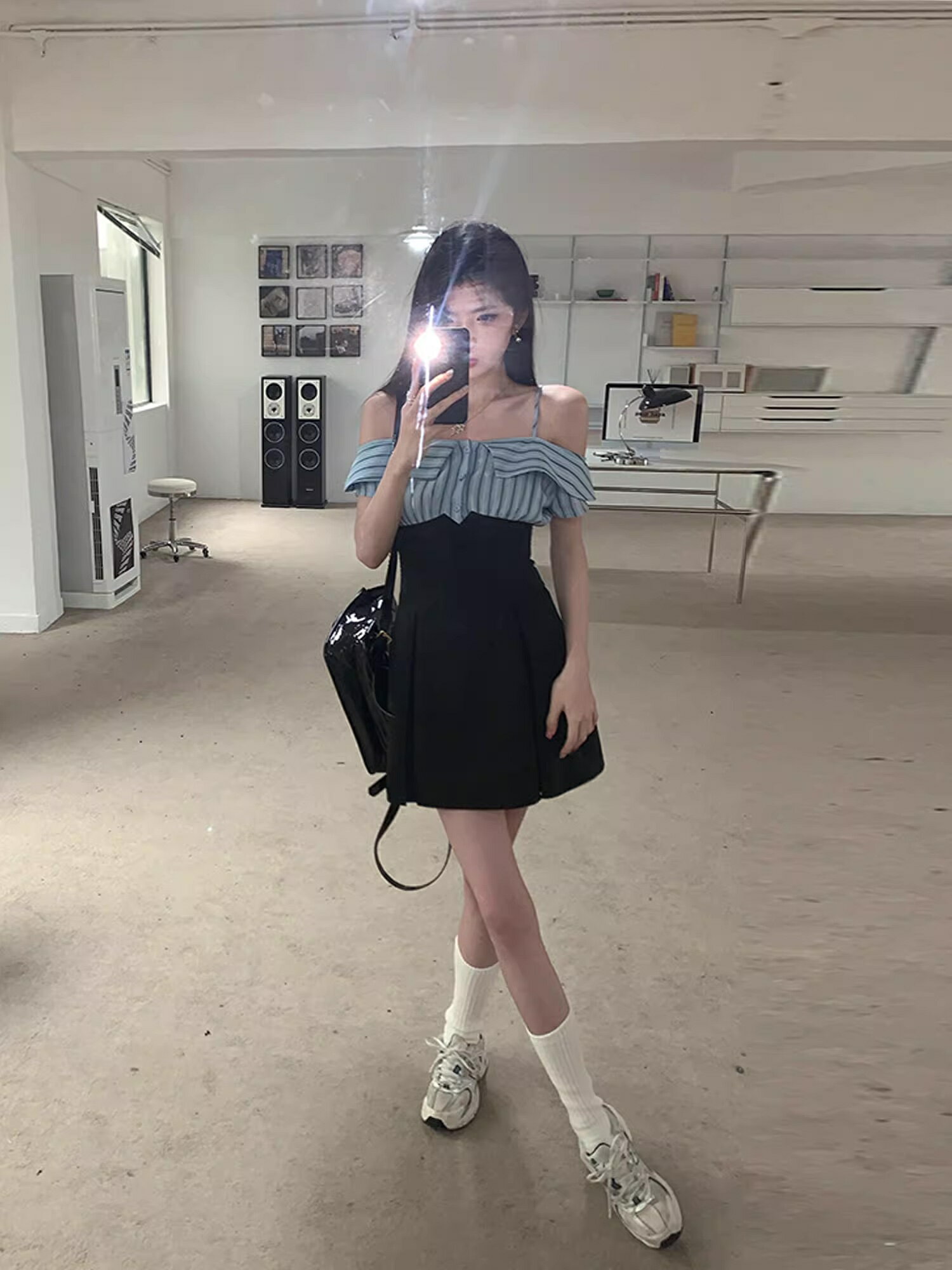 ドッキングストライプシャツドレス ドッキングワンピース オフショルダー シャツワンピース ミニワンピース ワンピース フェイクツーピース サスペンダースカート ミニスカート ドレス レディース 可愛い デート a4988