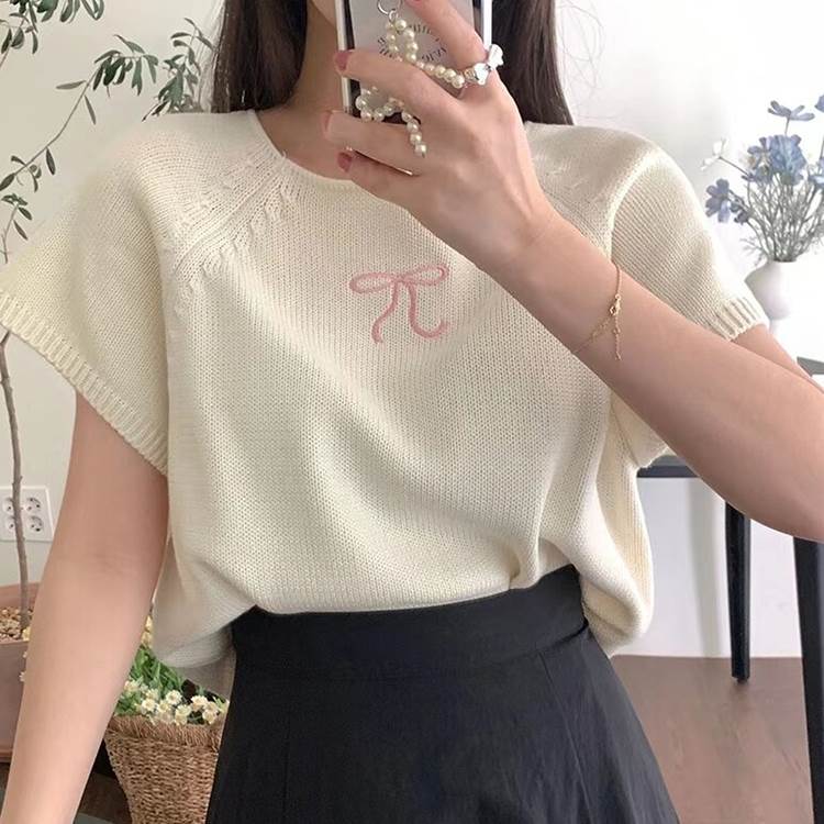 Rakuten - レディース トップス サマーニット 大人可愛い カジュアル ニット 無地 きれいめ サマーセーター ガーリー ロマンティック 夏 フェミニン ラウンドネック キュート かわいい おしゃれ 上品 半袖 刺? クルーネック リボン 春 ラブリー