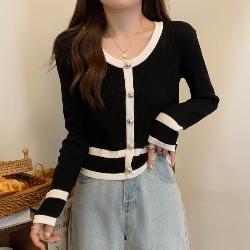 乐天商城 - レディース トップス ドロップショルダー ニット 大人可愛い カーディガン 抜け感 かわいい 長袖 上品 存在感 バイカラー リブニット フェミニン 前開き きれいめ シンプル 主役級 ラウンドネック ボタン 配色 ラブリー ガーリー