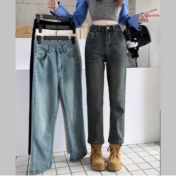Rakuten - レディース パンツ Gパン ブルーデニム ハイウエスト デニム かわいい カラーデニム ジーンズ カジュアル こなれ感 ポケット スリムフィット ストレート かっこいい シンプル ストレッチ クロップド丈 デニム 大人可愛い ラフ おしゃれ