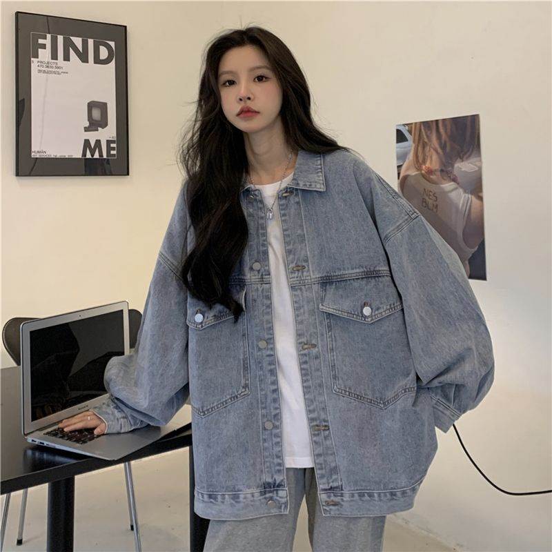 Other Jackets Jumpers - レディース デニムジャケット 襟付き ウォッシュ ヴィンテージ ドロップショルダー かわいい デニム 萌袖 おしゃれ ラフ ボタン 前開き ストリート こなれ感 カジュアル ルーズフィット ワイド アメカジ シンプル 主役級 かっこいい