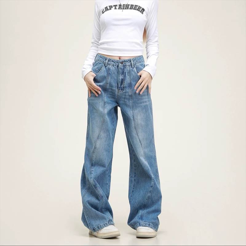Rakuten - レディース パンツ ジーンズ ストレート デニムパンツ ボトムス ロング ストリート デニム ヴィンテージ ステッチ ワイド ワイドパンツ ストレートパンツ ロングパンツ ボタン Gパン ポケット ウォッシュ ファスナー アメカジ