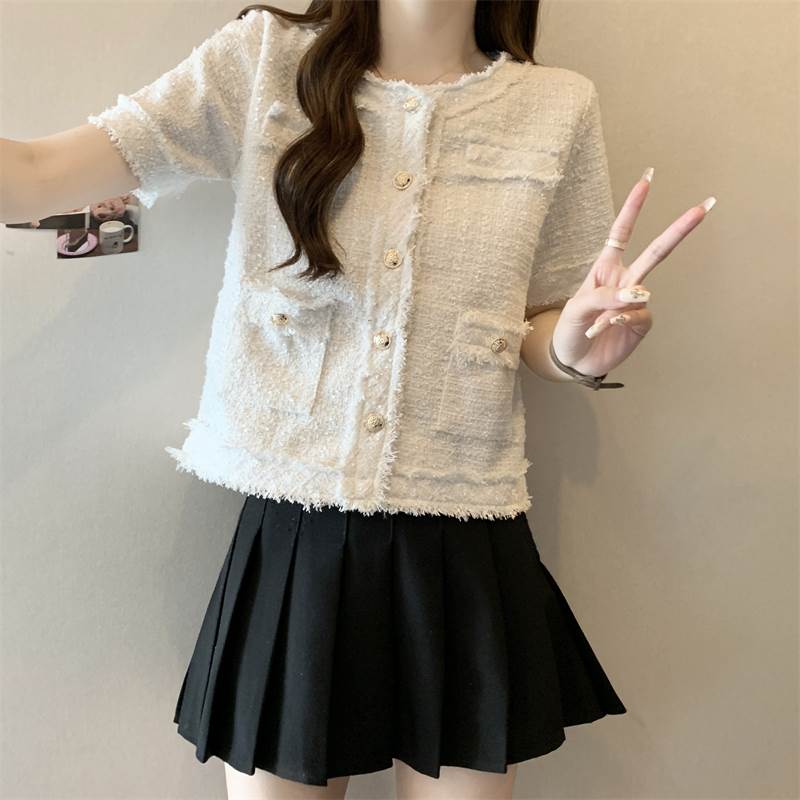 Rakuten - レディース アウター ラウンドネック 大人可愛い フォーマル ジャケット シンプル きれいめ 半袖 おしゃれ エレガント チェック柄 ポケット ノーカラー レトロクール 上品 フリンジ ツイード かわいい カジュアル 主役級 かっこいい
