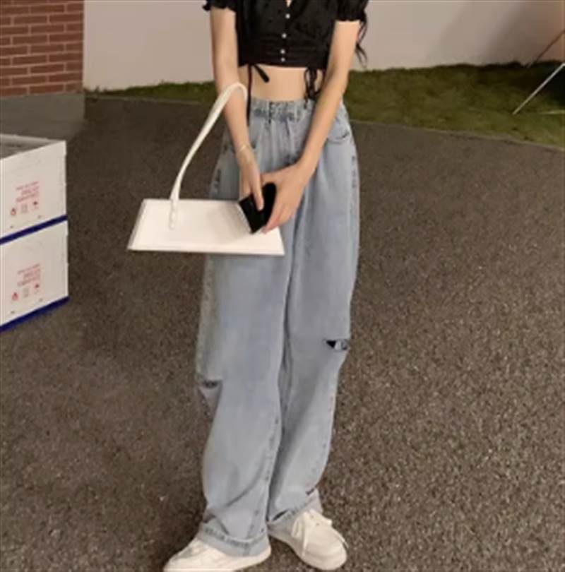 Cropped Pants - レディース パンツ 穴あき かっこいい 春 ボトムス 夏 デニム ダメージ ワイド メンズライク オールシーズン こなれ感 マニッシュ ボーイッシュ ラフ 大人可愛い 無地 カジュアル デニム 秋 存在感 シンプル ロング おしゃれ 冬