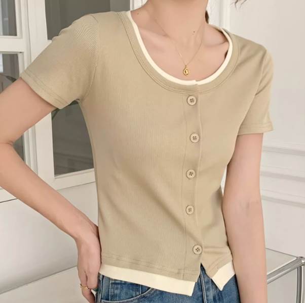 レディース トップス カットソー ストレート 春 シャツ 夏 Tシャツ ブラウス 前開き きれいめ 20代 ボタン シンプル カジュアル ドッキング ハーフ 無地 ラウンドネック カーディガン 秋 おしゃれ 半袖 上着 スリム 10代