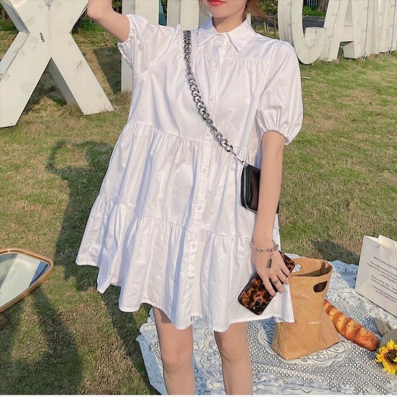Rakuten - レディース ワンピース ミニ 大人可愛い シンプル シャツワンピ 主役級 きれいめ フレア 上品 モード系 抜け感 半袖 ティアード ガーリー かわいい エレガント カジュアル ショート Aライン 膝上 パフスリーブ 存在感 こなれ感