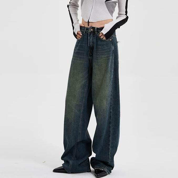 Rakuten - レディース パンツ ジーンズ ファスナー ワイド ボトムス ハイウエスト ポケット デニム ダメージ シンプル ロング デニムパンツ ロングパンツ ブルーデニム アメカジ ワイドパンツ Gパン ストリート ボタン カジュアル ウォッシュ