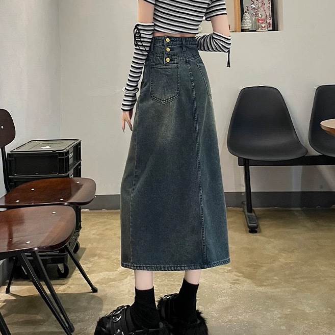 乐天商城 - レディース スカート デニムスカート ファスナー 裾ワイド ボトムス ハイウエスト ポケット デニム アメカジ 大人可愛い Aライン 細身 ミモレ ブルーデニム ヴィンテージ ロング ロングスカート スリット ボタン シンプル ウォッシュ