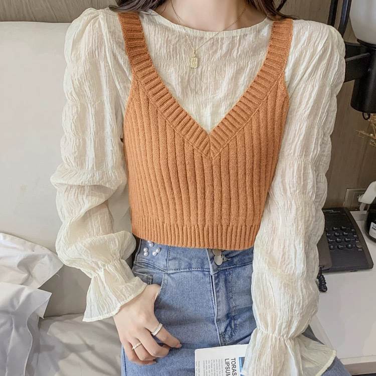 レディース トップス セーター 長袖 ショート シャツ フリル袖 フレアスリーブ ニット フレア 透け感 ..