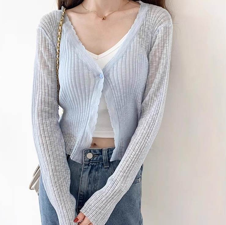 乐天商城 - レディース トップス 羽織 かわいい きれいめ カーディガン 抜け感 大人可愛い サマーニット 上品 ガーリー キュート フェミニン 長袖 こなれ感 薄手 カジュアル シンプル 前開き シースルー Vネック 透け感 ラブリー おしゃれ