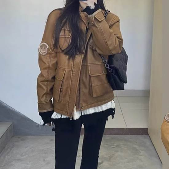 乐天商城 - レディース ジャケット 前開き かわいい きれいめ アウター こなれ感 大人可愛い 上着 おしゃれ エキゾチック ルーズ ファスナー 長袖 レトロ レザー カジュアル シンプル レザージャケット アメカジ ワイド ポケット ラフ かっこいい