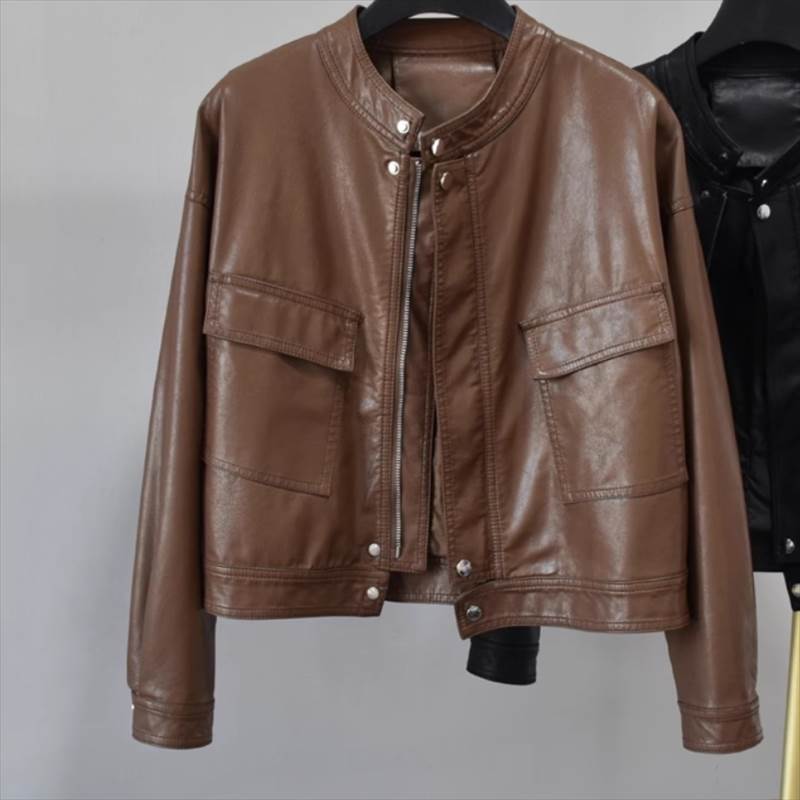 レディース ジャケット 前開き 大人可愛い シンプル アウター こなれ感 きれいめ 上着 おしゃれ エキゾチック メンズライク 長袖 ミニ レトロ レザー 上品 カジュアル レザージャケット ポケット ショート ファスナー ラフ かっこいい