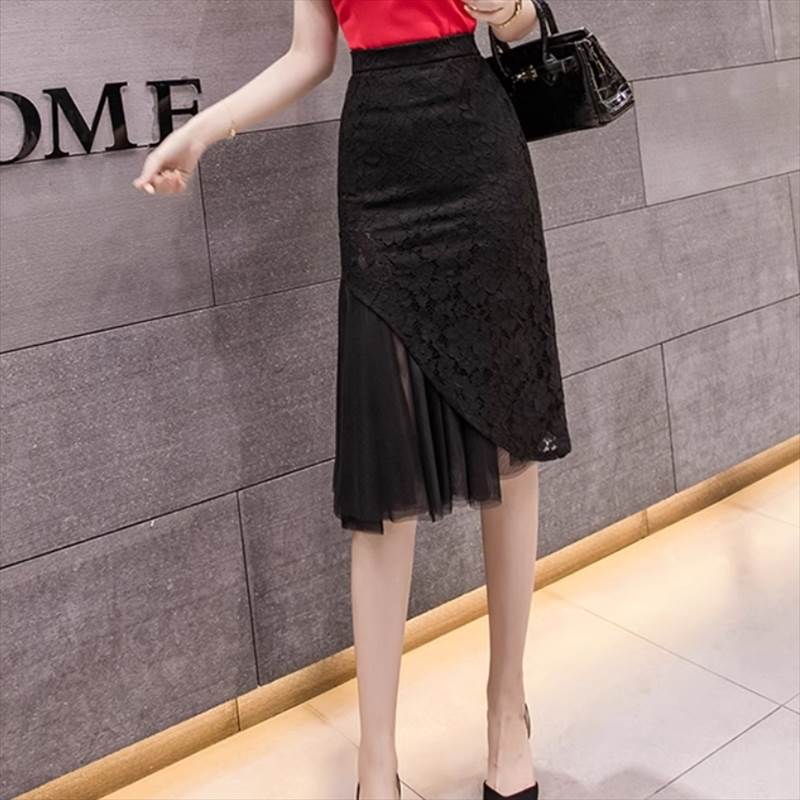 乐天商城 - レディース スカート 細身 切り替えデザイン かわいい 膝下 個性的 薄手 スリム シンプル レトロ モダン ファスナー アシンメトリー おしゃれ シースルー きれいめ 大人可愛い スマート 透け感 レース ハイウエスト エレガント 上品