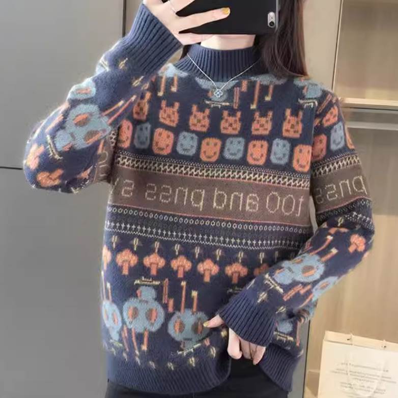 Rakuten - レディース トップス プルオーバー かわいい きれいめ ニット ラフ 大人可愛い セーター 上品 こなれ感 ルーズ もこもこ 萌袖 レトロ 伸縮性 カジュアル シンプル 長袖 ふっくら 個性的 ふわふわ ガーリー おしゃれ ハイネック