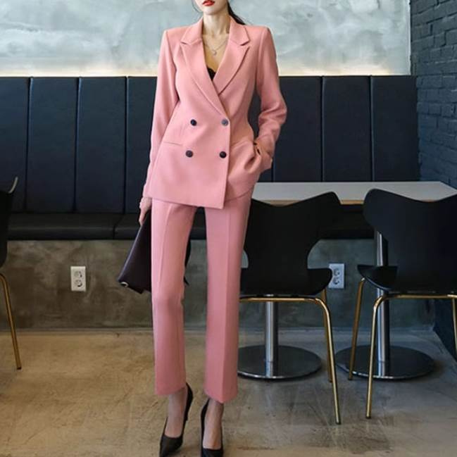 ツーピース 2点セット パンツ 長袖 襟付き レディース シンプル Vネック ジャケット ボタン きれいめ 上品 前開き セットアップ 大人可愛い ロング ハイウエスト ポケット スーツ スラックス 上着 ロングパンツ カジュアル かわいい