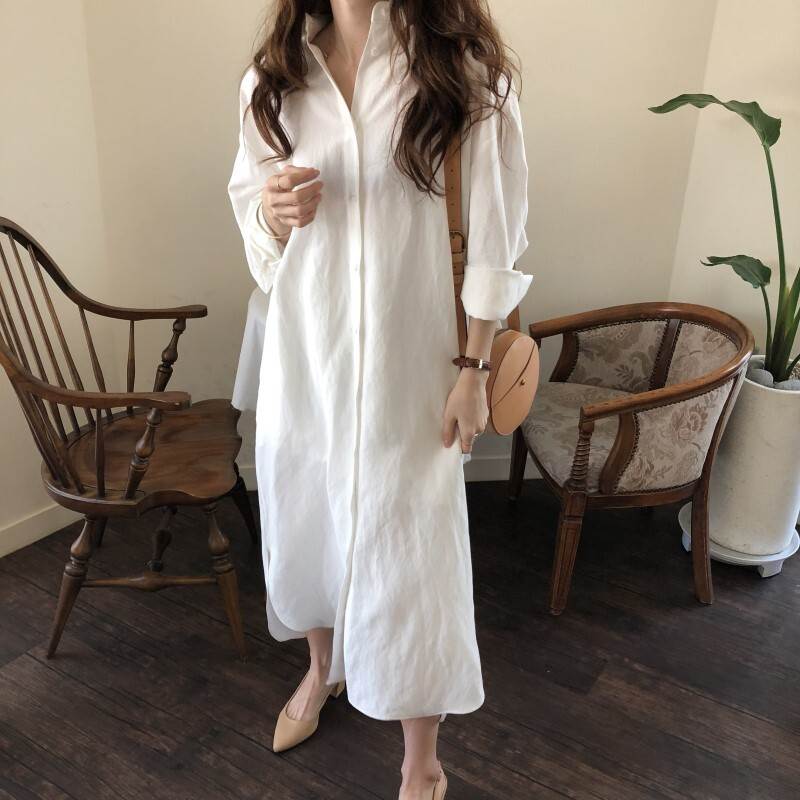 乐天商城 - 2way ロングシャツ 襟付き おしゃれ カジュアル シャツワンピース ナチュラル かっこいい 長袖 主役級 ベーシック クール 大人可愛い ボタン 抜け感 上品 個性的 こなれ感 前開き シンプル かわいい きれいめ キュート 存在感