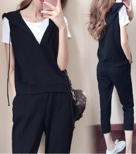 3点セット トップス かわいい トップス ボトムス Tシャツ カジュアル フーディー おしゃれ お得 お洒落 かっこいい 3点セット フード付き セットアップ きれいめ ジョガーパンツ Uネック 3点セット 半袖 クロップドパンツ ベスト 細身 綿 白トップス