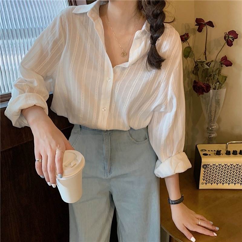 Rakuten - トップス シャツ 大人可愛い シャツ ブラウス 30代 20代 袖あり デート ストライプ きれいめ ビジネス 通勤 こなれ感 お出かけ OL レディース おしゃれ トップス 40代 透け感 綿 上品 長袖 かわいい