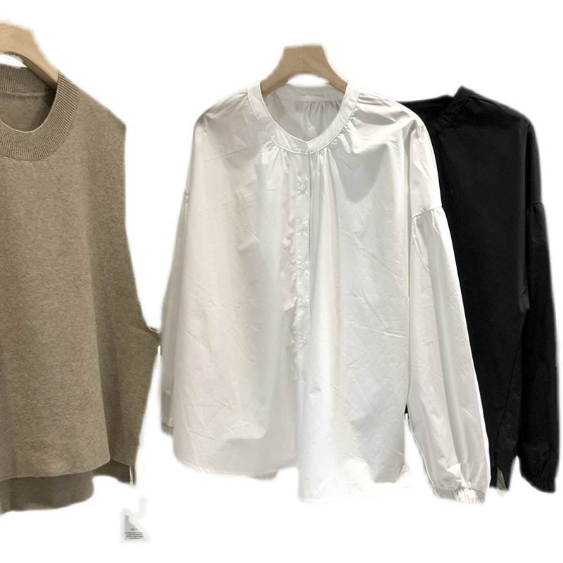 Rakuten - トップス シャツ 前開き シャツ ブラウス 30代 20代 袖あり OL 10代 綿 ママ ビジネス ルーズ 通勤 オフィス 女性用 カジュアル トップス レディース ボリューム袖 ラウンドネック シンプル 長袖 襟なし