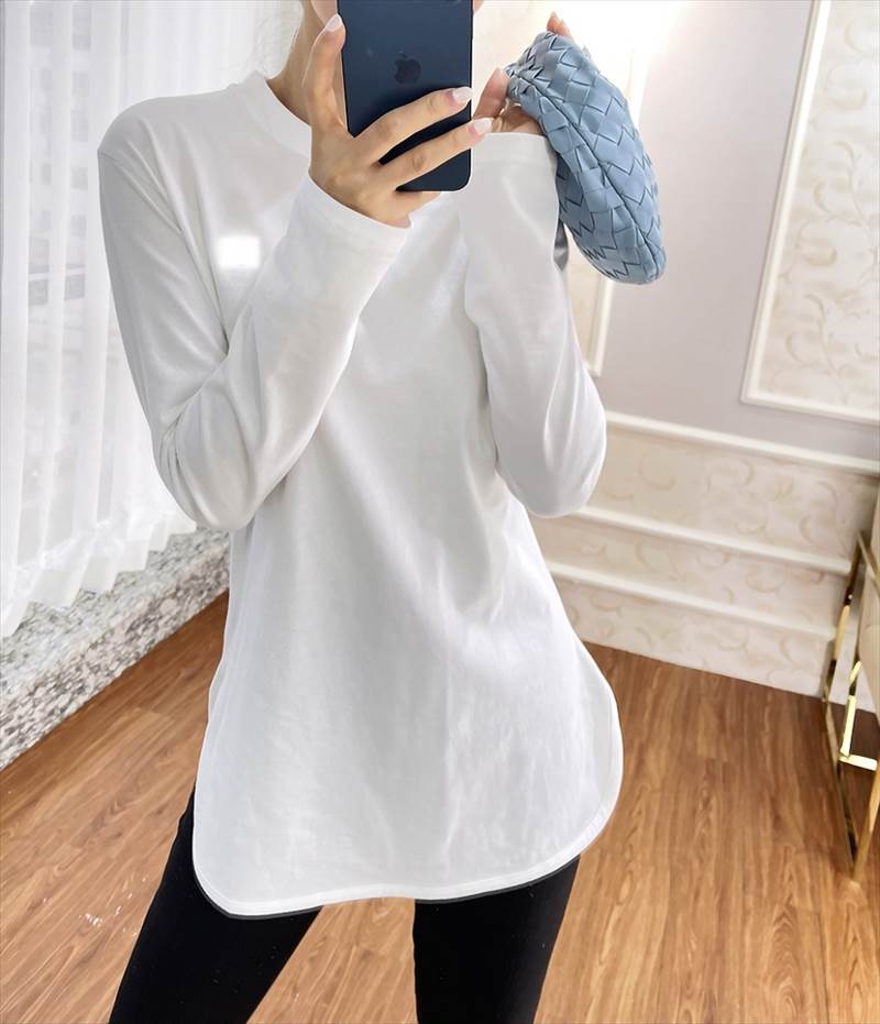 Garments - トップス Tシャツ カジュアル Tシャツ 白トップス OL ママ 長袖 女子会 女性用 上品 デート 公園デビュー 30代 休日 お出かけ 通学 秋 トップス 学生 クルーネック 綿 春 ラウンドネック シンプル