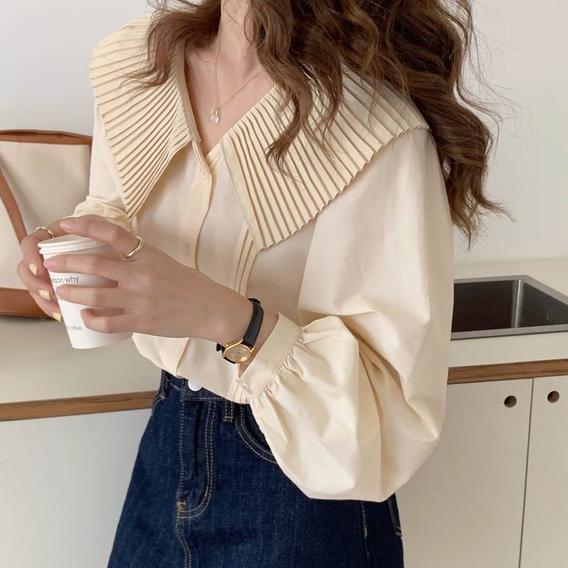 Rakuten - ビッグカラー トップス かわいい トップス シャツ レディース 20代 袖あり 女子会 10代 大人可愛い 通学 お出かけ 春 お泊まり デート 学生 ラブリー ビッグカラー 女性用 襟付き プリーツ レトロ 長袖 前開き