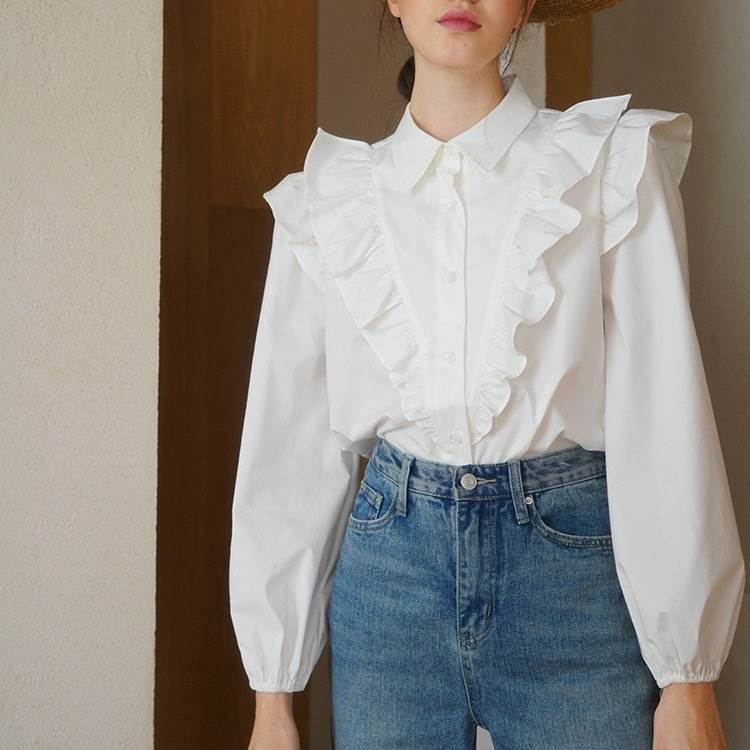 Rakuten - トップス レディース ワイド レディース シャツ エレガント ガーリー 白トップス 冬 こなれ感 フリル 無地 秋 上品 二次会 春 抜け感 きれいめ トップス 主役級 長袖 ボリューム袖 大人可愛い 袖あり 襟付き