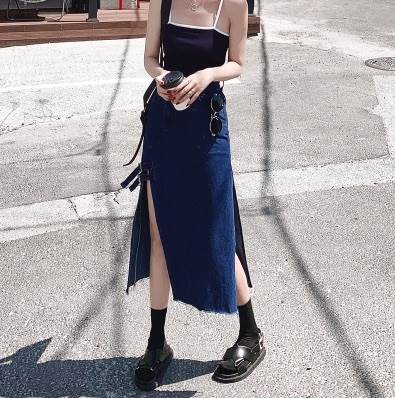 スカート デニムスカート ラフ デニムスカート ミモレ丈 大人 お出かけ 大人可愛い 学生 個性的 普段使い 女子会 通学 ハイウエスト サイドスリット おしゃれ デート ルーズ スカート 旅行 休日 ブルーデニム 10代 通勤 カジュアル