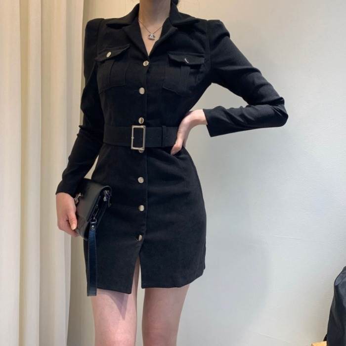 Rakuten - ワンピース シャツワンピース かっこいい シャツワンピース ショート丈 ベルト 女子会 タイト レディース セクシー オルチャン 休日 女性用 襟付き パフスリーブ ハイウエスト お出かけ クール ワンピース イベント パーティー スリム 春 20代 細身