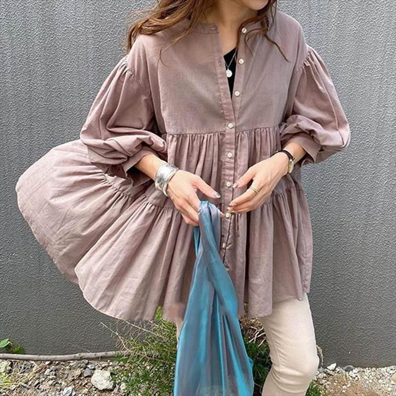 Rakuten - トップス シャツ シンプル シャツ ブラウス フリル 大人女子 パフスリーブ こなれ感 大人可愛い おしゃれ ラフ 襟なし 上品 袖あり セミフレア セクシー 薄手 トップス 大人可愛い ルーズ 七分袖 7分袖 かわいい ラウンドネック