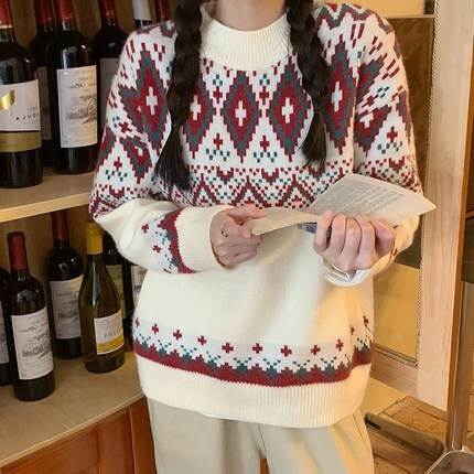 乐天商城 - 学生風 個性的 大人可愛い 個性的 トップス 20代 10代 セーター 女子会 冬 きれいめ レディース 公園デビュー 柄 お泊まり デート 40代 アジアン 学生風 30代 Uネック ラウンドネック レトロ 長袖 かわいい