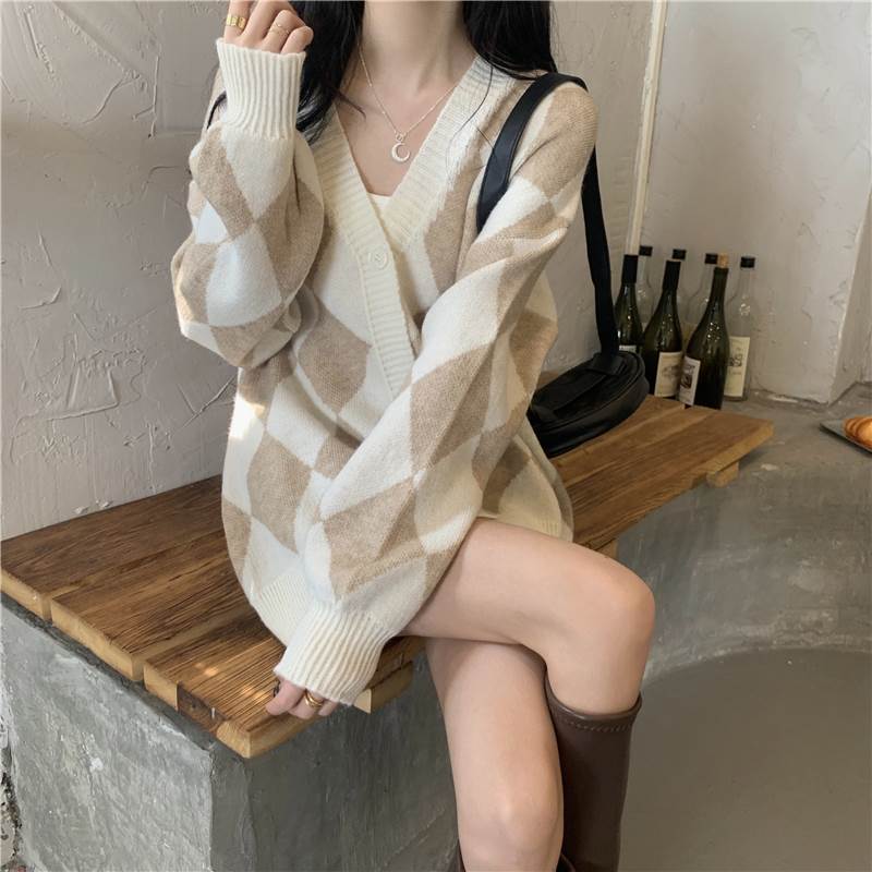 乐天商城 - トップス セーター 大人 セーター カーディガン 大人可愛い 存在感 ニット キュート おしゃれ グレンチェック 抜け感 ルーズ ボリューム袖 長袖 きれいめ 主役級 上品 トップス 柄 無地 Vネック 大人女子 ラブリー かわいい
