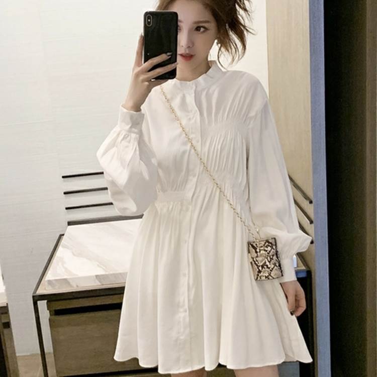 Rakuten - ワンピース シャツワンピース 大人可愛い シャツワンピース ミドル丈 プリーツ クール スリム 大人女子 シンプル 存在感 モード系 こなれ感 ラグラン 長袖 ふわふわ ラフ きれいめ ワンピース 主役級 モダン スタンドカラー 上品 レトロ 細身
