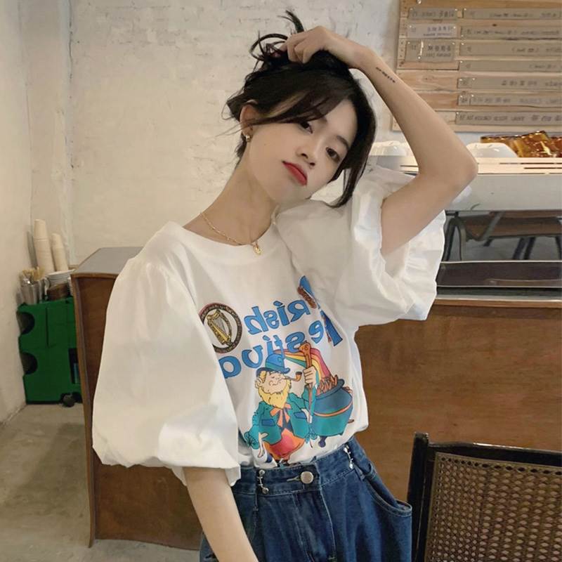 Rakuten - トップス ママ ガーリー ママ お出かけ 大人可愛い 女性用 ラウンドネック 20代 存在感 デート かわいい 30代 半袖 袖あり カジュアル レディース Tシャツ トップス 通学 学生 ボリューム袖 キャラクター 10代 春