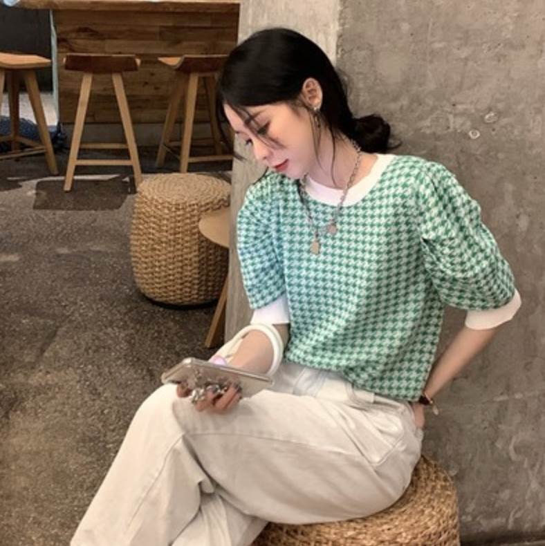 Rakuten - トップス 夏 大人女子 夏 セーター 上品 柄 半袖 チェック柄 かっこいい モード系 かわいい 大人可愛い クール パフスリーブ 30代 20代 カットソー トップス 主役級 きれいめ 10代 袖あり お洒落 こなれ感