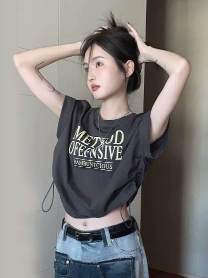 乐天商城 - トップス モード系 お洒落 モード系 ショート丈 きれいめ ガーリー 半袖 クール 上品 ラブリー 襟なし 丸襟 ラフ 5分袖 存在感 主役級 カットソー トップス キュート ワイド セクシー 袖あり カジュアル 大人女子