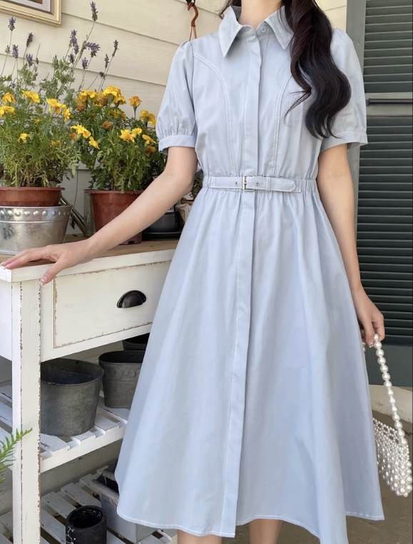 乐天商城 - ワンピース ガーリー 大人可愛い ガーリー 夏 Aライン キュート 襟付き こなれ感 シンプル 春 スタンドカラー ラフ 半袖 袖あり ベルト ラブリー ブラウス ワンピース 無地 主役級 5分袖 上品 大人女子 おしゃれ