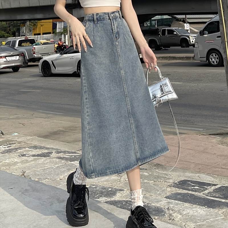 Rakuten - スカート ボトムス 大人 ボトムス デニムスカート 大人可愛い 存在感 ハイウエスト モード系 お洒落 夏 とろみ感 エレガント Aライン ルーズ きれいめ モダン 上品 スカート 無地 抜け感 ポケット 大人女子 クール デニム